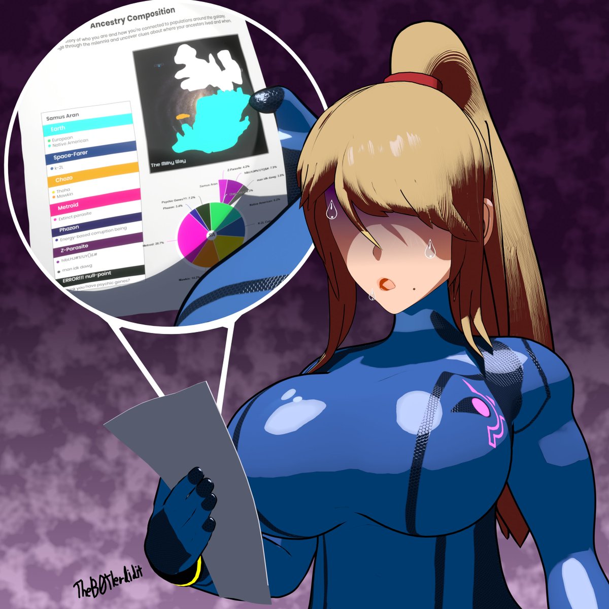 B0tler3DArt's tweet photo. She took an ethnicity test to see how much soup she was made of. Any more and she could play roulette with it.

#metroid #samus #indieanime #b3d https://t.co/gSYiSs2nb0