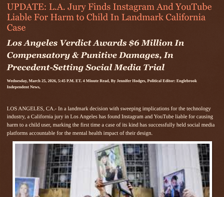 ArtFletcher9's tweet photo. L.A. Jury Finds Instagram And YouTube Liable For Harm to Child In Landmark California Case https://t.co/5Tw2ZBB2kb via @Englebrooknews #California #LosAngeles #superiorcourt #Google #Meta #found #liable @wireless_step @HRG_Media @LodiNJNews @Fordmb1953 @SarahGeving1 @Shannon96574094 @Daytobehappy @janninereid1 @gator4kb18 @MichelleF_35 @TrumpWasRite2 @KathyKbrose @RobGerundo @JimBobW49