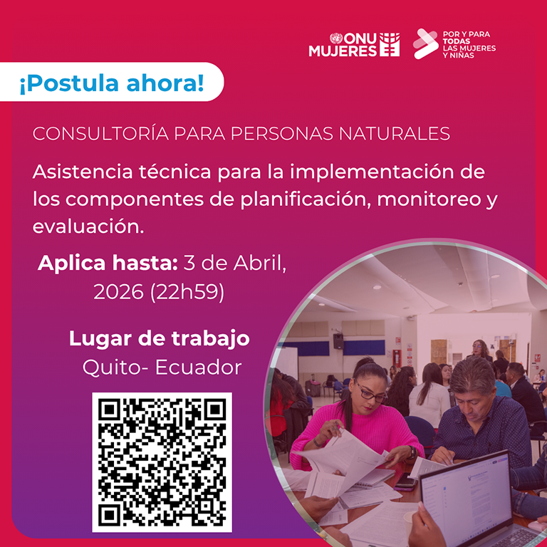 onumujeresEcu's tweet photo. 👩‍💻 ¡Aplica ahora!

📣 Buscamos personas naturales para brindar asistencia técnica para la implementación de los componentes de planificación, monitoreo y evaluación

📍 Quito - Ecuador
🗓️ Postula hasta: 3 de abril, 2026 (22h59 EST)
📌 Más información: https://t.co/VqCZBB3RDW https://t.co/nsaZRVE7Ru