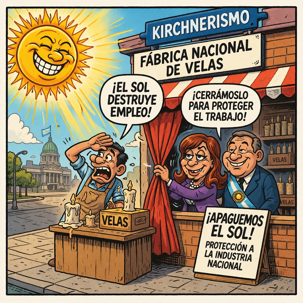 DiegoMac227's tweet photo. El kirchnerismo quiere poner al sol como enemigo porque destruye empleo

Hay una vieja sátira de Frédéric Bastiat que hoy parece escrita para la Argentina contemporánea. En su famoso texto Petición de los fabricantes de velas, Bastiat ironiza sobre un grupo de productores que le pide al Estado que bloquee la entrada de la luz del sol, sí, del sol. El motivo, competencia desleal. La luz solar, gratuita y abundante, hacía inútiles sus velas durante el día, afectando sus ventas y según ellos destruyendo empleo. La solución que proponían era tan absurda como reveladora, cerrar ventanas, tapiar casas y prohibir la luz natural para proteger la industria nacional.

La genialidad de Bastiat no está solo en el humor, sino en desnudar una lógica profundamente equivocada que sigue vigente, la idea de que hay que frenar el progreso para cuidar el trabajo. Bajo ese razonamiento, cualquier avance, sea tecnológico, productivo o incluso natural, se convierte en enemigo si reduce la demanda de ciertos bienes o servicios. Pero esto confunde completamente el concepto de riqueza. El objetivo de una economía no es preservar trabajos inútiles, sino satisfacer necesidades de la manera más eficiente posible.

Cuando hoy algunos discursos sostienen que la tecnología destruye empleo, están repitiendo exactamente la misma falacia que Bastiat ridiculizaba. Es la versión moderna de declarar al sol como enemigo. La historia económica demuestra lo contrario, cada avance tecnológico libera recursos, reduce costos y permite la aparición de nuevas industrias, nuevos empleos y mayor bienestar. Nadie llora hoy la desaparición del trabajo de encender faroles en las calles, porque fue reemplazado por algo infinitamente mejor.

El problema de fondo es creer que el empleo es un fin en sí mismo, cuando en realidad es un medio. Si producir lo mismo requiere menos esfuerzo gracias al progreso, eso no es una tragedia, es una victoria. Significa que el trabajo humano puede reasignarse a actividades más valiosas. Intentar frenar ese proceso es condenar a la sociedad al estancamiento, obligándola a seguir produciendo de manera ineficiente solo para sostener estructuras obsoletas.

Por eso, cada vez que se propone bloquear importaciones, limitar la innovación o frenar el avance tecnológico con la excusa de cuidar el empleo, lo que en realidad se está haciendo es repetir la petición de los fabricantes de velas. Es pedirle al Estado que apague el sol. Y la historia ya demostró que esa idea no solo es absurda, sino profundamente perjudicial para el desarrollo, la prosperidad y la libertad de las personas.