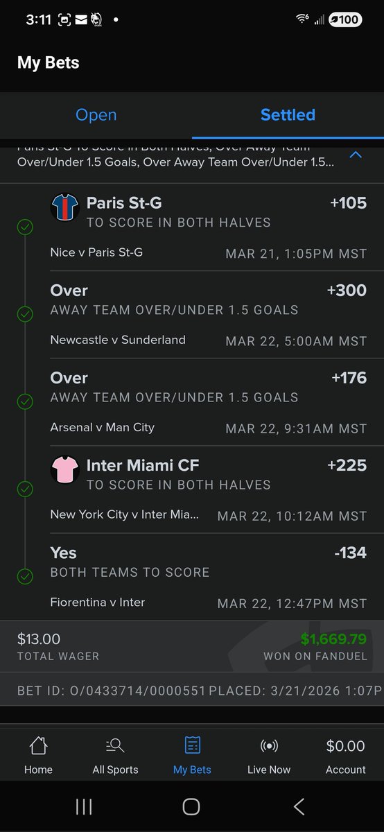 Won this over the weekend🏆 Thank you Sunderland, PSG, Manchester City, Inter Miami, Inter Milan and Fiorentina 👏

Inter Miami finally scored in both halves. Sunderland has been my favorite team to bet on this season.