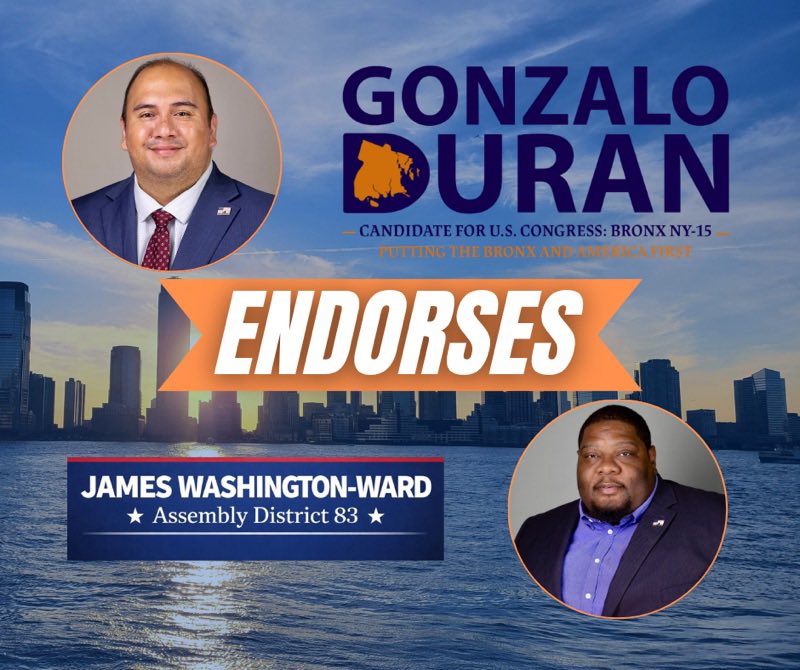 gonzalodurannyc's tweet photo. I am proud to endorse James Washington-Ward for NYS Assembly, 83rd AD. This candidacy reflects discipline, service, and a commitment to growing into leadership through experience.

Read my full endorsement: https://t.co/K3dAwisgLT

#GonzaloDuran #Endorsement #JamesWashingtonWard https://t.co/aEW6GEaYYK