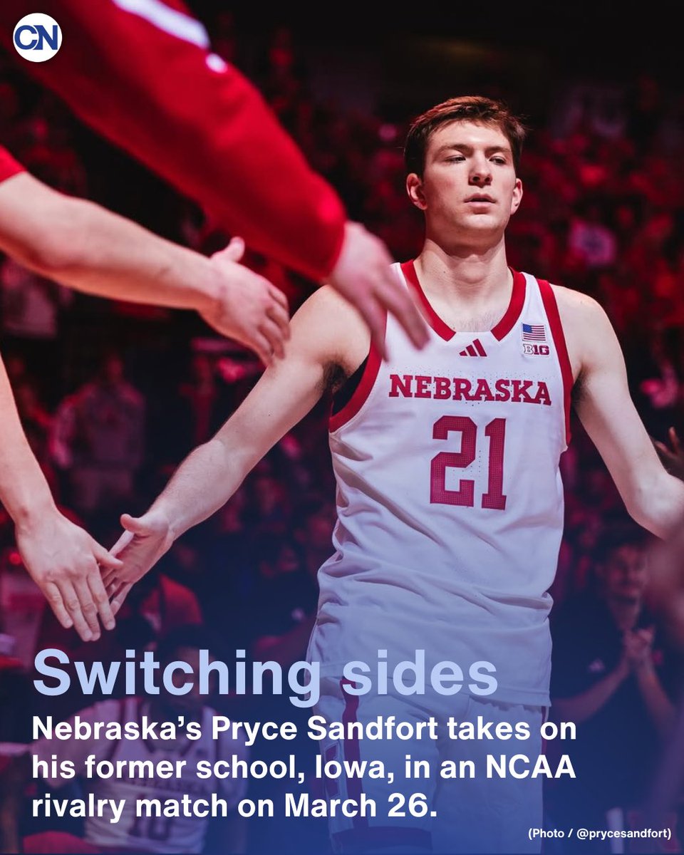 LumbatisAva's tweet photo. Nebraska’s Pryce Sandfort is a transfer from rival school Iowa. The teams play tomorrow in the Sweet 16 round of the NCAA Tournament. Sandfort is an Iowa native who played his first two seasons with Iowa. https://t.co/KGrlBHPxID