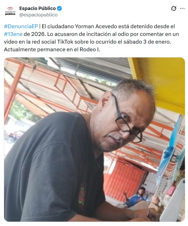 eldiario's tweet image. #25Mar | La ONG @espaciopublico denunció que el ciudadano Yorman Acevedo, detenido desde el #13Ene de 2026, fue acusado de “incitación al odio” luego de supuestamente comentar en un video en la red social TikTok sobre los acontecimientos del 3 de enero en Caracas, que terminaron