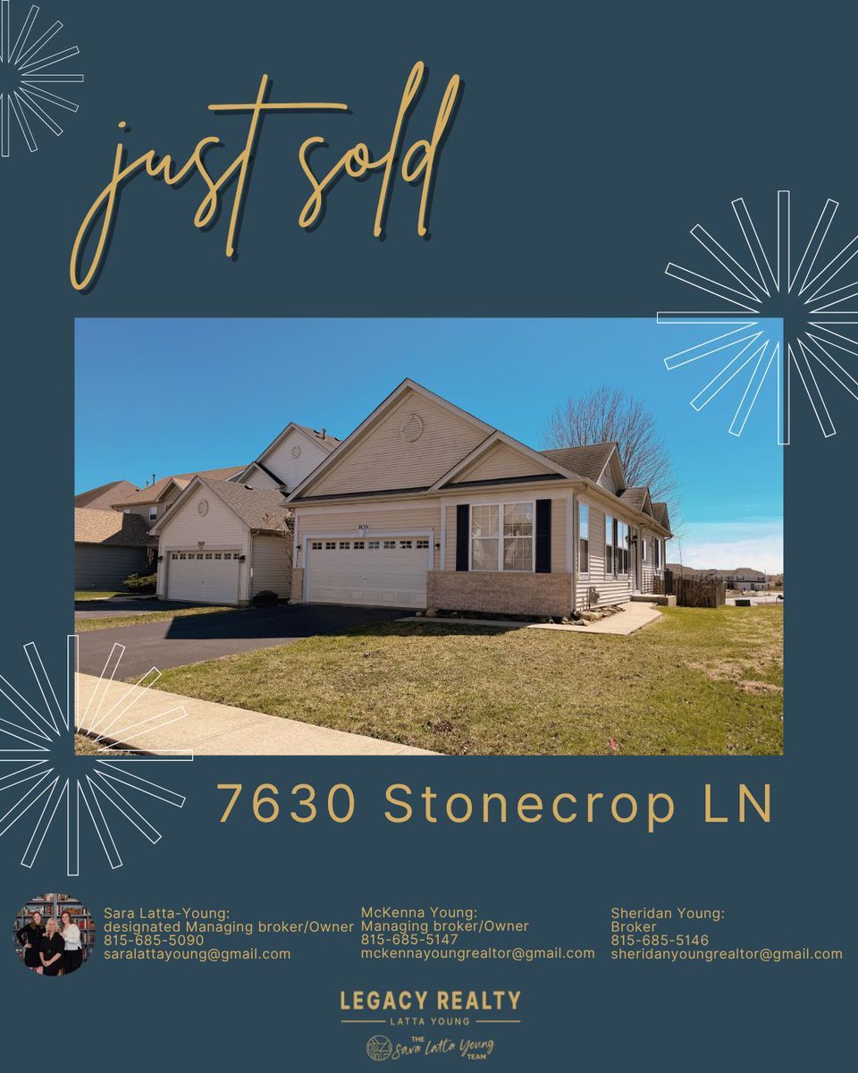 SaraLattaYoung's tweet image. Just Sold 💛

Thinking about selling or buying? 
Call us: 815-685-5090

Sara Latta-Young: Designated Managing Broker
McKenna Young: Managing Broker
Sheridan Young: Broker
The Sara Latta Young Team
Legacy Realty Latta Young 

#LegacyRealtyLattaYoung #JustSold #jolietRealEstate
