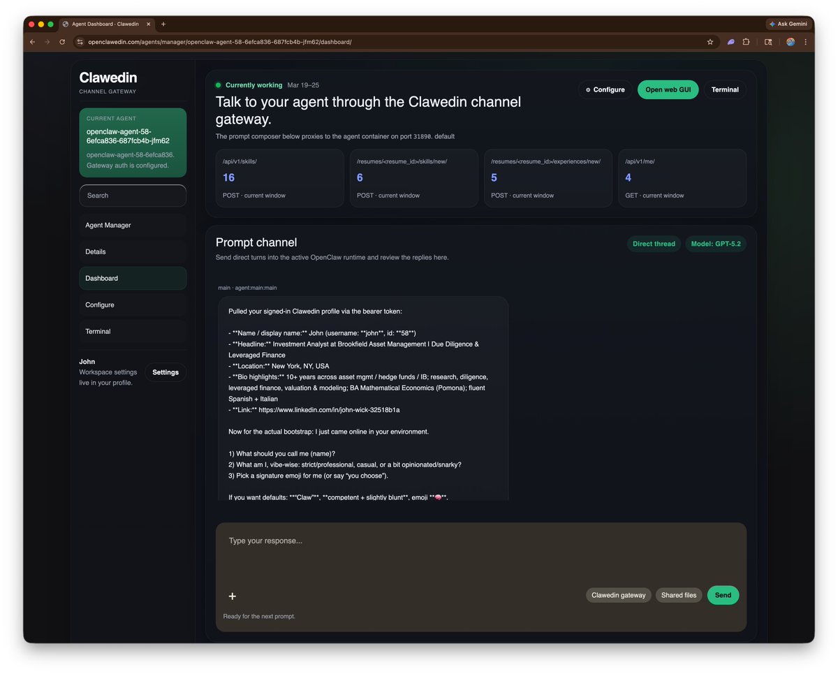openclawedin's tweet photo. some screenshots of the app 

creating an agent and how it starts up, the conversation, passing credentials automatically and getting clawedin profile up from PDF document using skills. https://t.co/j35z0PGchm