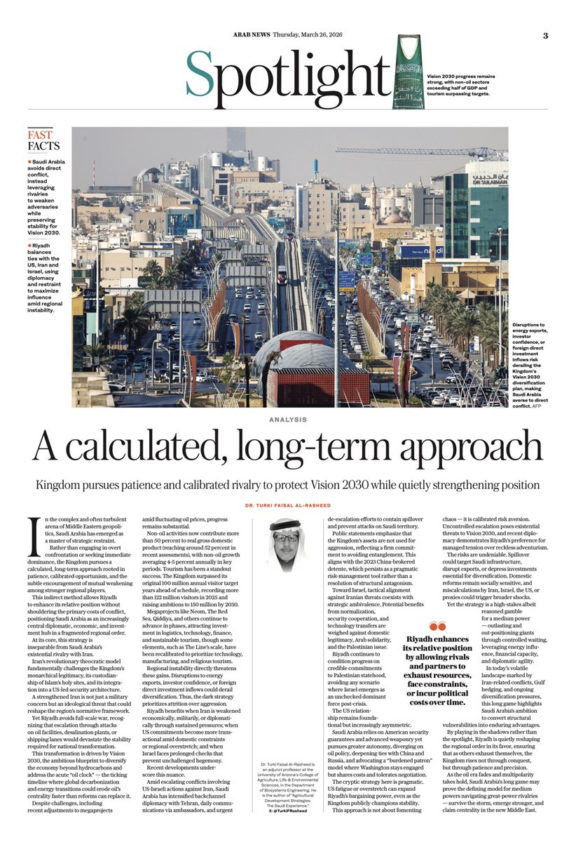 arabnews's tweet image. #ANALYSIS: @TurkiFRasheed asks: Can #SaudiArabia’s long game secure #SaudiVision2030 amid #Iran war, regional rivalry &amp;amp; shifting alliances? arab.news/9d3hg