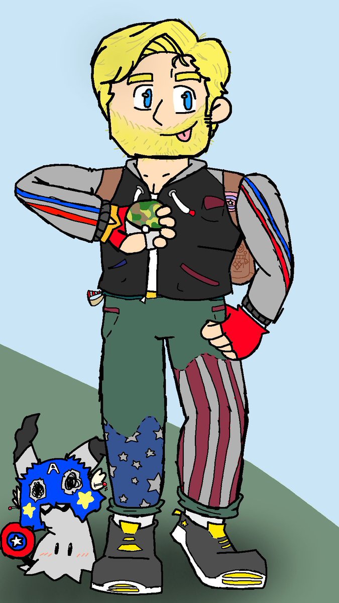 sleepybarking's tweet photo. I’m bored so I’m posting my oldish John Walker Pokémon AU drawing here, with a bonus team idea and doodle featuring rival!Bucky
#JohnWalker #USAgent https://t.co/B6VrauQL2x