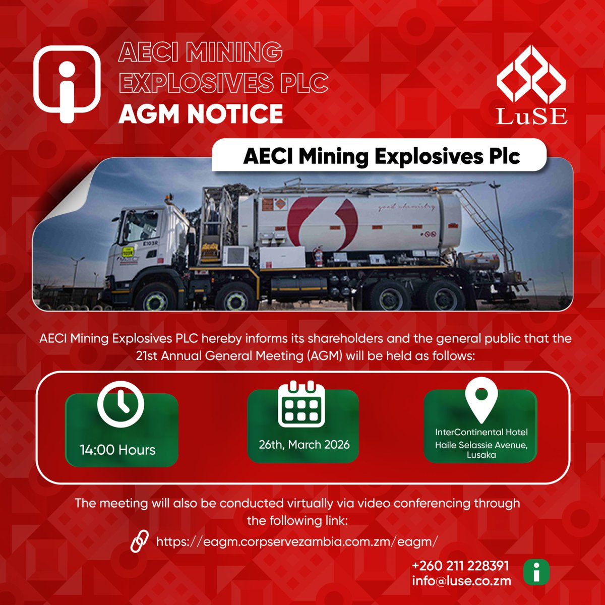 LuSE_Plc's tweet image. AECI Mining Explosives Plc takes the floor today — shareholders gather for the 21st Annual General Meeting, in person and virtually. Stay informed, stay invested. 

Follow the link for more information: luse.co.zm/sens-category/…
#LuSE #AGMSeason