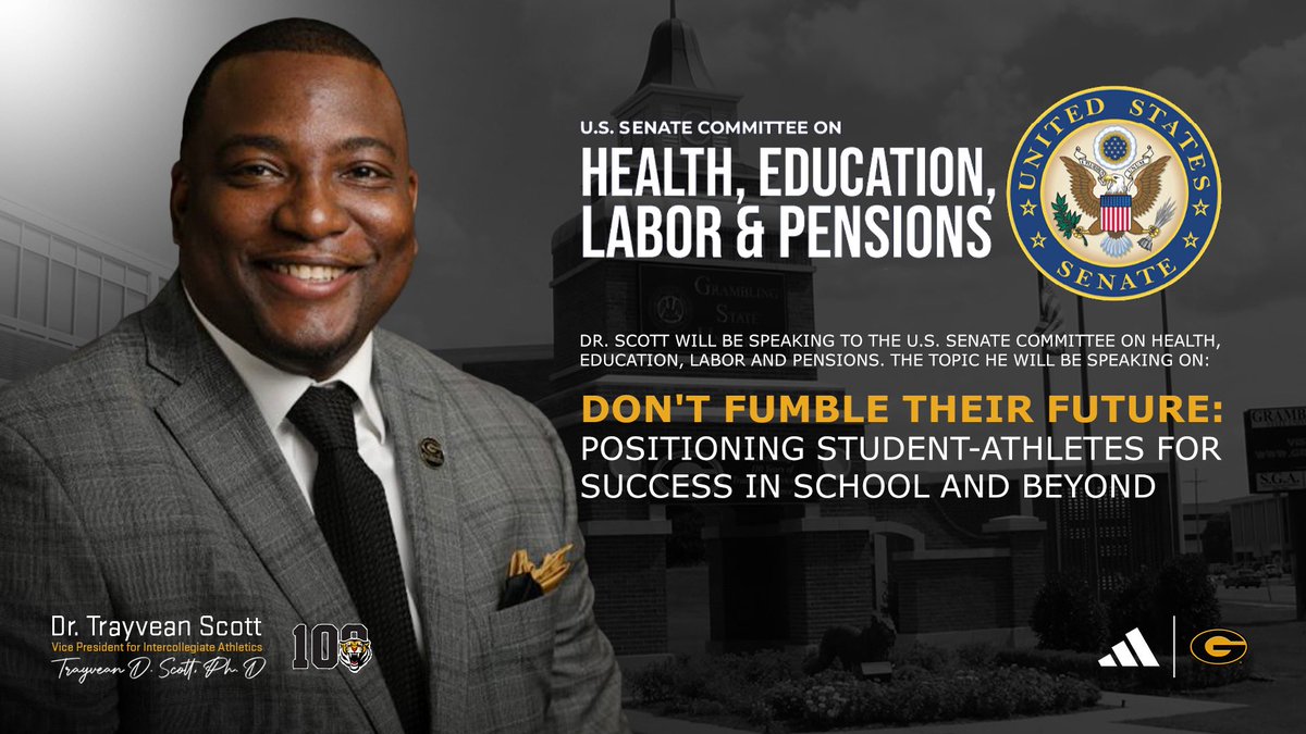 🚨BREAKING🚨

VP for Intercollegiate Athletics Dr. <a href="/TrayveanScott/">Tray Scott, Ph.D.</a> will address the U.S. Senate HELP Committee on March 26 at 9 AM EST. Topic: “Don’t Fumble Their Future,” focused on the evolving landscape of college athletics &amp; student-athlete success beyond the game.