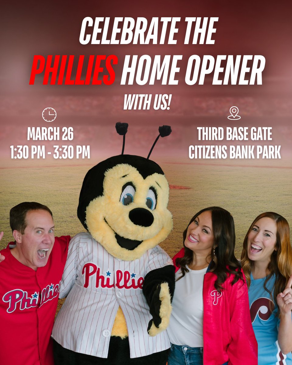 B101Philly's tweet photo. HAPPY OPENING DAY ⚾ Celebrate the @Phillies back at the Bank with The Kathy Romano Show‼️

Meet Kathy, Bobby, Laura, and @B101Buzzbee from 1:30 PM - 3:30 PM to celebrate before first pitch. We'll be at Third Base Gate at Citizens Bank Park. Let's go Phils, and let's #RingTheBell https://t.co/6jDhHtBkff