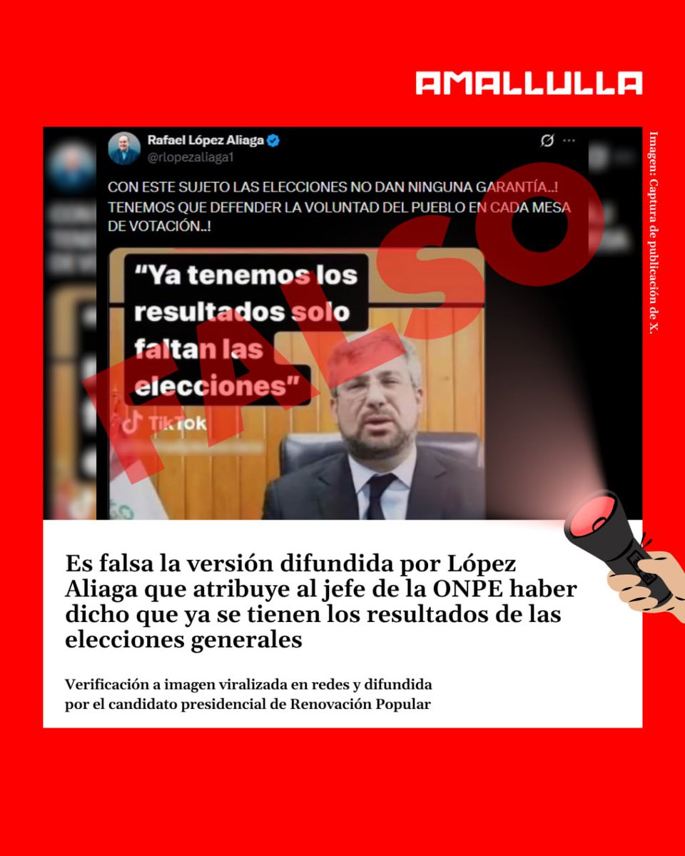 Ojo_Publico's tweet image. #Factchecking ❌ Es #FALSA la versión difundida por López Aliaga que atribuye al jefe de la ONPE haber dicho que ya se tienen los resultados de las elecciones generales 2026.
La @Red_AmaLlulla te explica.👇🧵