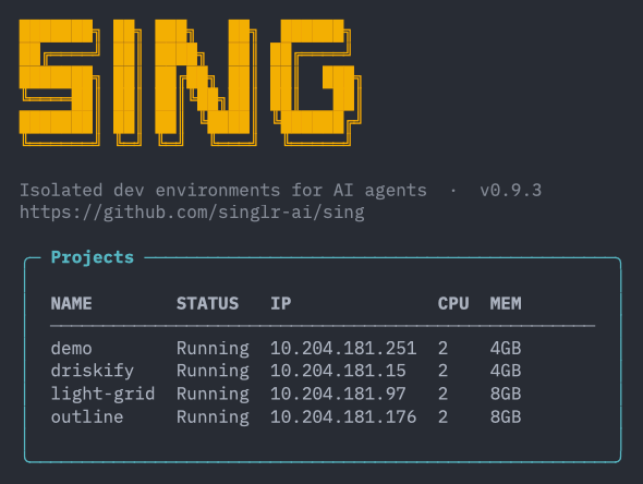 standardapplied's tweet photo. A month ago we posted that Singular engineers use sing to run fully isolated AI agent environments on bare metal. A few people asked if we'd open-source it. We did. 

sing is a CLI that provisions bare-metal servers and creates fully isolated dev environments for agentic workflows.

What's new since that post:
- Spec-driven dispatch. Write the spec during the day, the agent executes it overnight, review results in the morning.
- Cross-agent orchestration. Claude Code builds, Codex reviews — or the other way around.
 - Guardrails enforced from the host. Wall-clock limits, idle detection, commit monitoring. Outside the agent's container, outside its reach.
- Context generation. CLAUDE.md, AGENTS.md, SECURITY.md generated from your project config.

Same architecture underneath: Incus system containers, rootless Podman, cgroup isolation, declarative YAML. The container is derived state. The config is source of truth. Destroy and rebuild at-will.

One native binary. Zero dependencies. MIT licensed.