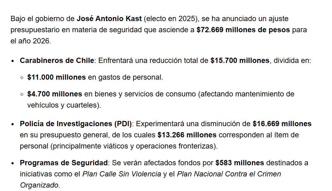 Recorte de presupuesto a Carabineros y PDI. 
El discurso sobre mayores recursos para seguridad que vendió José Antonio Kast cae a pedazos.