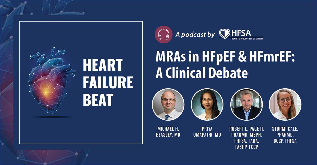 HFSA's tweet photo. 🎙 New Episode of #HFBeat

How should we be thinking about MRAs in HFpEF and HFmrEF today? In this lively debate, Stormi Gale, PharmD, BCCP, FHFSA and Robert L Page II, PharmD, MSPH, FHFSA examine:

- Evidence from TOPCAT and FINEARTS-HF
- Trial design and phenotyping challenges
- CKM overlap and cardiorenal considerations
- Hyperkalemia risk and combination strategies
- Cost and access realities

A balanced, evidence-driven discussion to help clinicians navigate real-world decisions.

Listen here: https://t.co/i1RxYNQnNb

@MHBeasleyMD @priyaumapathi @beaverspharmd @megfrasernp @JurgaTomek