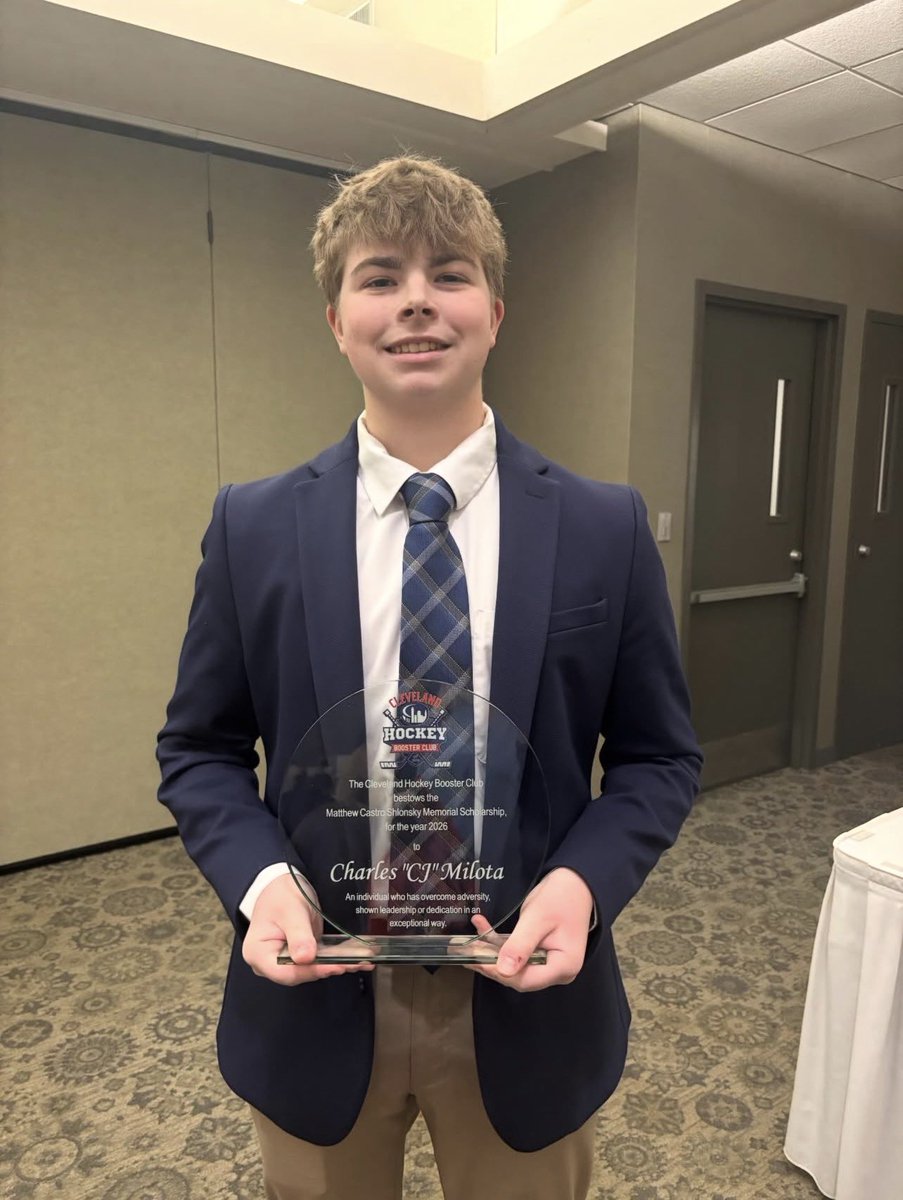 Congratulations to senior CJ Milota on winning the Matthew Castro Shlonsky Memorial Scholarship from the Cleveland Hockey Booster Club last night.