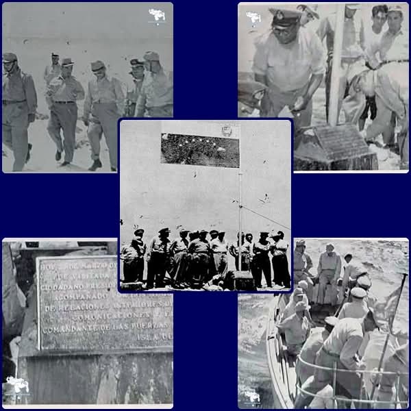 AntroCanal's tweet photo. #25Mar 1956 El Gral. Marcos Pérez Jiménez es el primer Presidente en ejercicio en visitar Isla de Aves #MiMapa A bordo del Destructor "Zulia". Junto a la comitiva, izaron la bandera nacional y colocaron dos placas conmemorativas.
Una de las placas se leía "Venezuela" y la otra señalaba: "Hoy 25 de marzo 1956, a las 0900 horas, fue visitada esta isla por el ciudadano presidente de la República, acompañado de los Ministros de Relaciones Interiores, Defensa, Comunicaciones y el Comandante de las Fuerzas Navales. Isla de Aves".