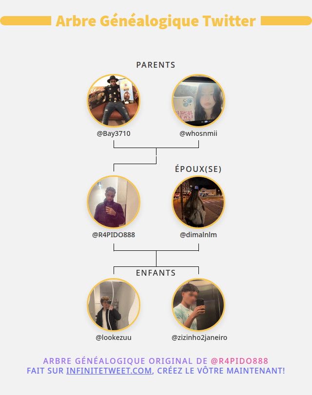 👨‍👩‍👧‍👦 Ma Famille Twitter:
👫 Parents: <a href="/Bay3710/">Bay.3710</a> <a href="/whosnmii/">𝑵𝑶☆𝑴𝑰𝐸 🪖</a>
👰 Époux(se): <a href="/dimalnlm/">madii🥝</a>
👶 Enfants: <a href="/lookezuu/">Look</a> <a href="/zizinho2janeiro/">isaac</a>

➡️ infinitetweet.me/family-tree?la…