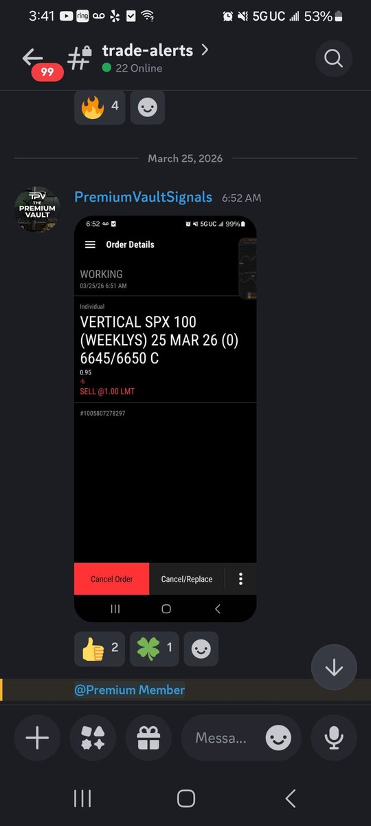 ThePremiumVault's tweet photo. 3/25/26 +$2,500 on the day. 4/4 Trade alerts green. Screenshots of trade alerts below. #ThePremiumVault #TheStrat #optionstrading #trading #options #stocks #investing #daytrading #finance #thetagang #stocks #stockmarket #creditspreads #SPX #Magic8Ball #m8b https://t.co/Wo4ReSOt6c