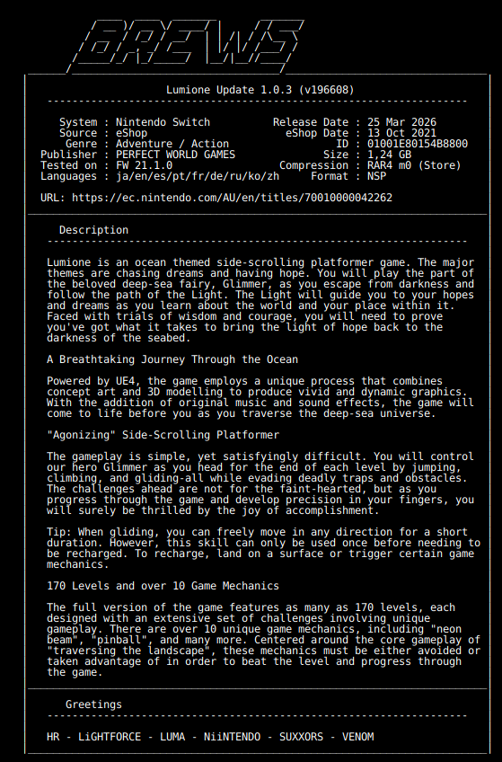 switch_predb's tweet photo. New Release by BREWS!

Lumione_Update_v1.0.3_NSW-BREWS [01001E80154B8800][93465AE0]
Size: 1.24 GiB

View on Tinfoil: https://t.co/DcONfHUcq5
View on eShop: https://t.co/utCMWoUfCP https://t.co/jy3fAvGj97