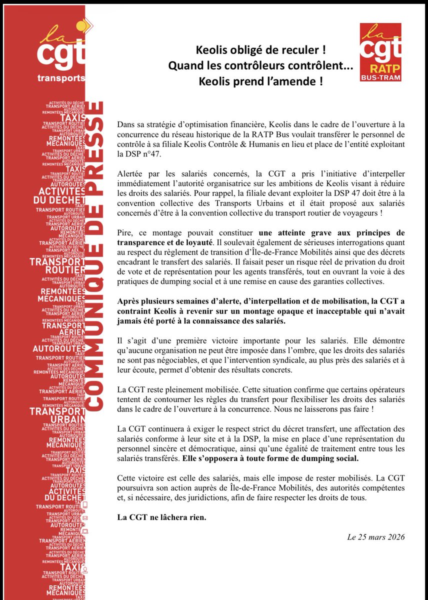 CGTVitryBus's tweet photo. CGT fait reculer Keolis ! 

Une première victoire contre un projet opaque qui menaçait les droits des salariés du réseau RATP.

Mobilisation payante 
La lutte continue contre le dumping social. https://t.co/qWrb1FCwPL