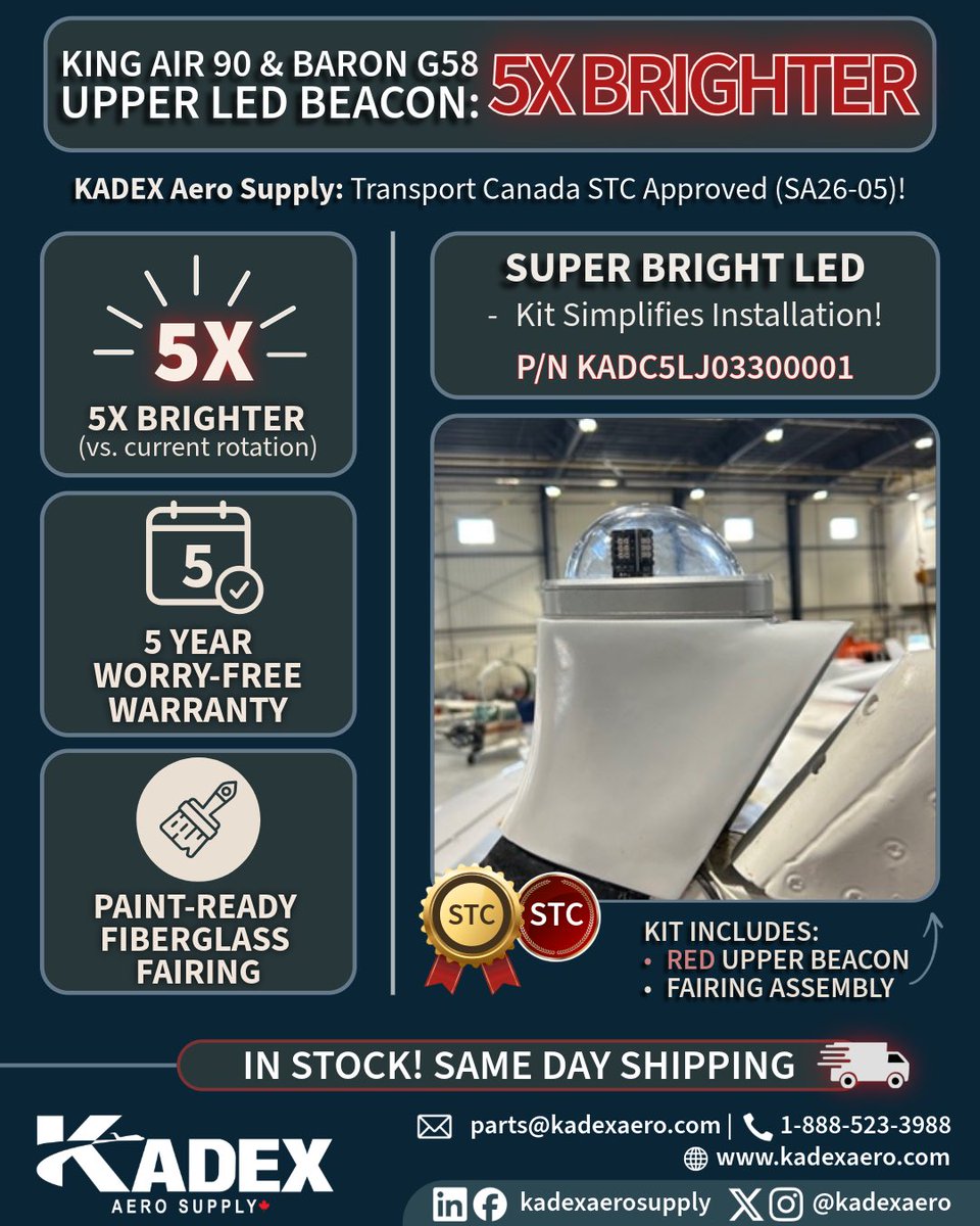 Upgrade Your Visibility: The KADEX Upper Red LED Beacon ✈️
 
King Air 90 &amp; G58 Baron operators—it’s time to ditch the legacy bulbs for a modern, high-intensity safety solution. Our latest LED upgrade is officially Transport Canada STC Approved and ready for your fleet.