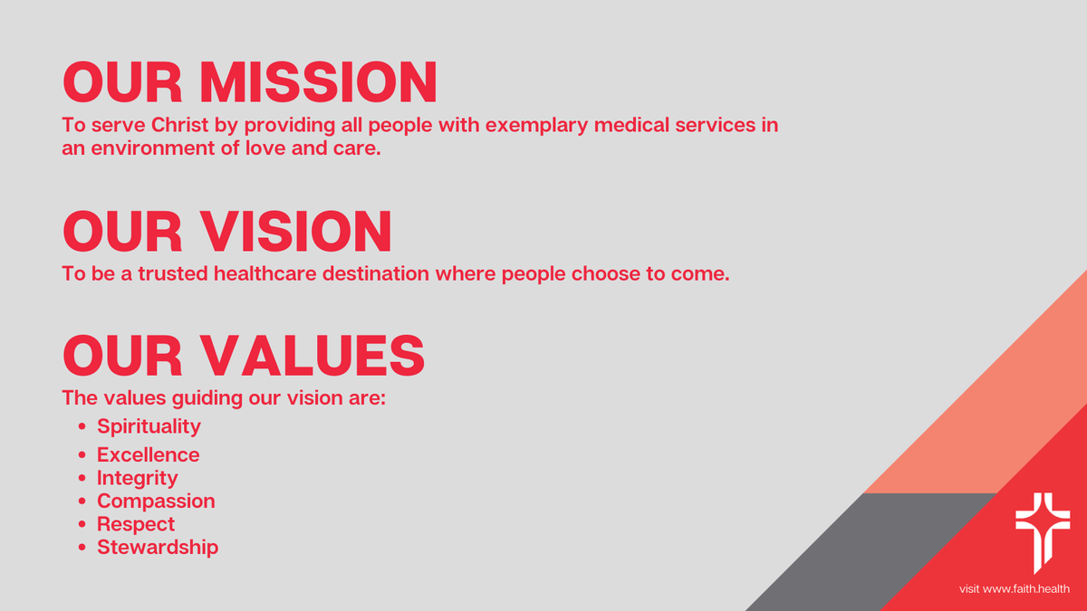 As Faith Health, our mission and values haven’t changed—they remain the heart of everything we do.
 
What’s new is our vision. We’re stepping into the future with one unified team, a single name, and a bold plan to be an even stronger healthcare partner for northeast Nebraska.