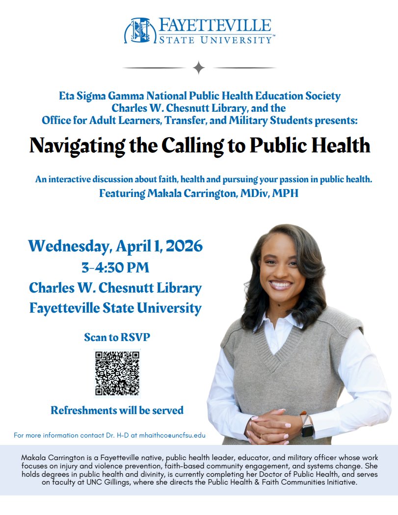 Join us in the Collaborative Space on the 1st floor next Wednesday, April 1st, for an interactive discussion on faith and public health.

#uncfsu #chesnuttlibrary #fayettevillestatebroncos #charleswchesnuttlibrary #fayettevillestateuniversity #fayettevillestate #loveyourlibrary