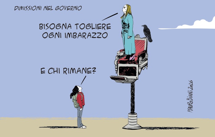 #Dimissioni nel #governo 
Bisogna togliere ogni #imbarazzo 
E chi rimane? 

Straordinario Mauro, grazie.👏

#Biani !❣️

I pesci rossi...🫣 

#Bartolozzi 
#Delmastro 
#Santanché 

<a href="/maurobiani/">Mauro Biani</a> 
<a href="/repubblica/">Repubblica</a>