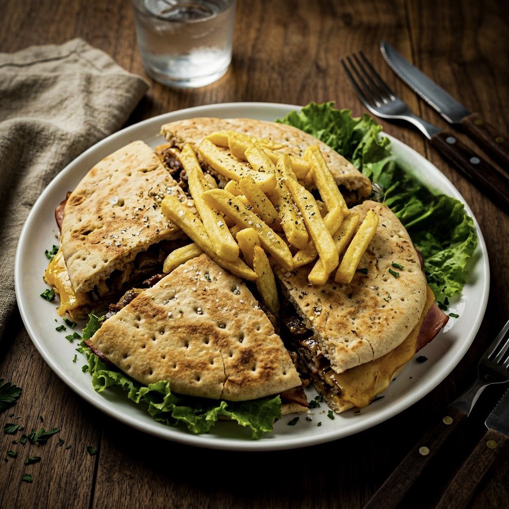 Pra quem tá perguntando, esse era o Beirute do Divina Gula: pão sírio, queijo, salada e muita carne 🤤  
Ele vinha em um prato enorme e dava pra quatro pessoas dividirem.