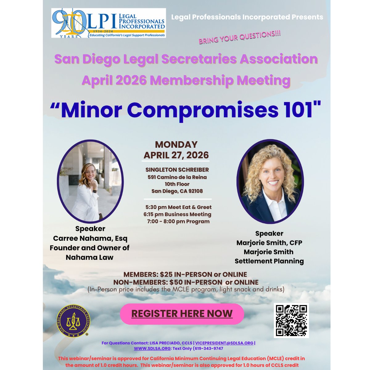 SDLSA's tweet photo. 📣 April Membership Meeting
🗓 April 27 | Hybrid Event
Topic: Minor Compromises 101
Speakers: Carree Nahama, Esq. &amp; Marjorie Smith, CFP
📍 In-person at Singleton Schreiber + Zoom
Register: https://t.co/KCc4p1DA4V

#SDLSA #LegalProfessionalsInc #legalsecretary https://t.co/BsJpp8Kn0u