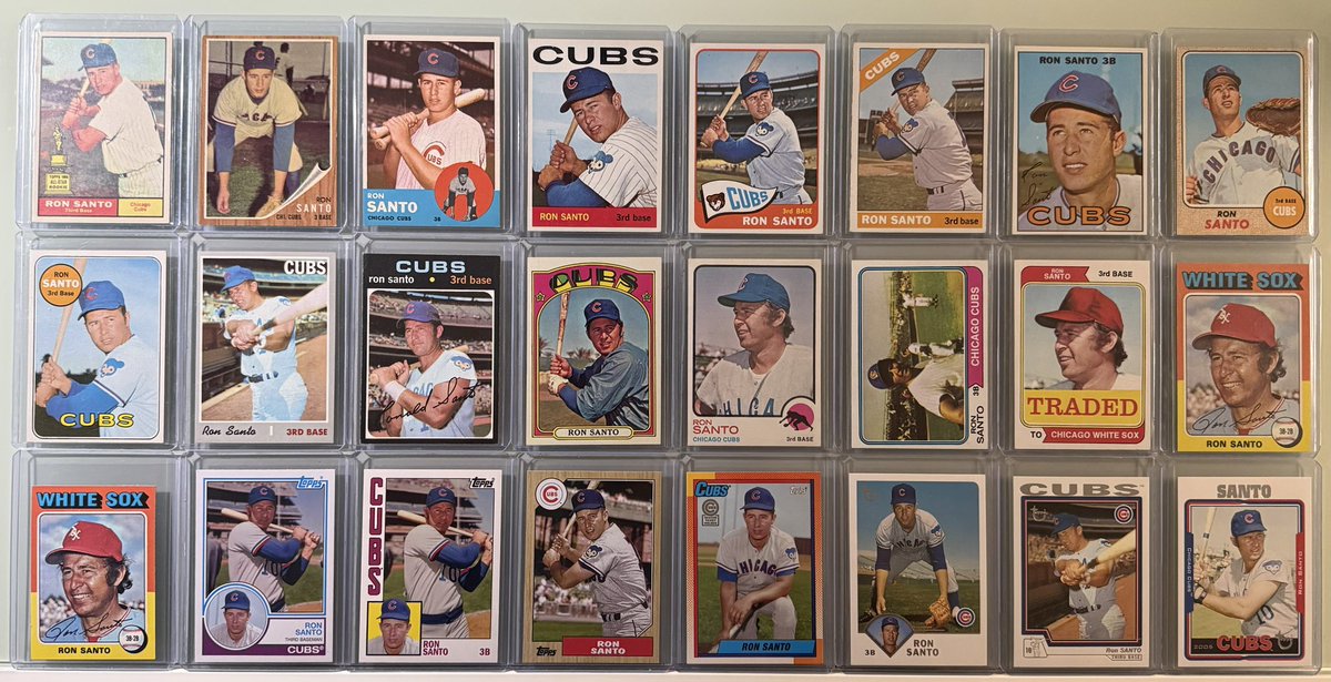 davidhaar's tweet photo. The Ron Santo #ToppsCareer plus some post playing days flagship issues. 
FUN FACT: The 1984 &amp; 1990 design were some of the trickiest to find as they were some sort of a stadium giveaway or season ticket holder perk. 
@CardPurchaser #RonSanto @JustinStirewalt @BaseCardsRule https://t.co/2ttCnJdmGH