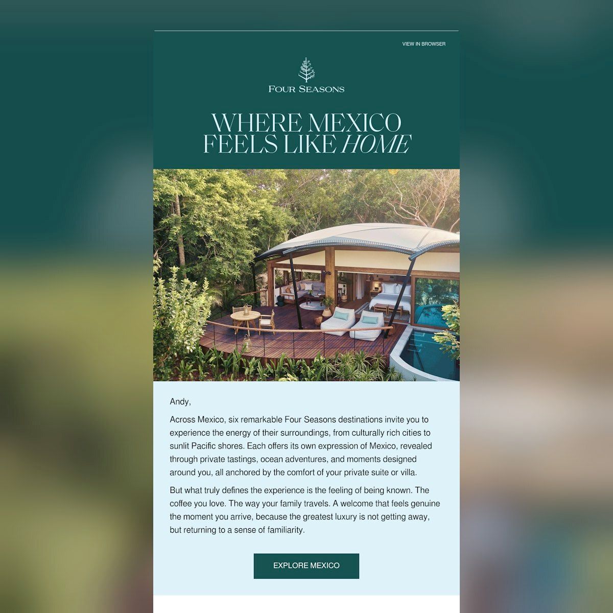 emaillove's tweet image. Immerse yourself in the world of luxury travel with Four Seasons' captivating destination photography 📸 Let the stunning visuals tell the story in their unhurried layout, creating a truly immersive experience in their hospitality emails. #LuxuryTravel #VisualStorytelling