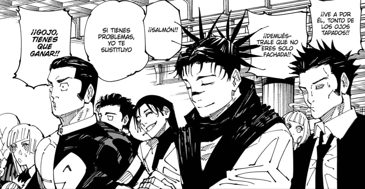 Por si no lo sabían, en este panel Takaba pensó "qué gracioso sería que el tipo en traje tuviera unas patillas como las mías"

#JJKLARPGAME