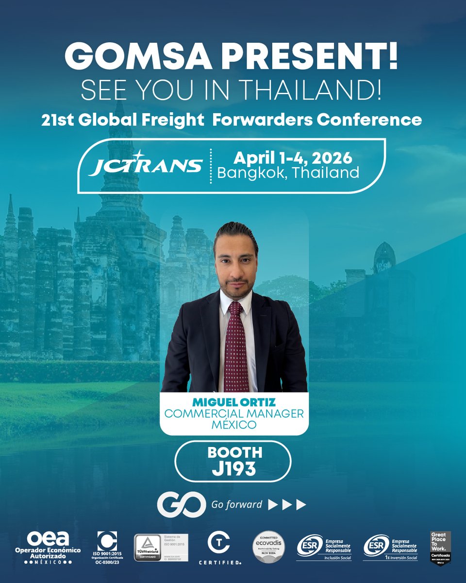 LOGISTICAGOMSA's tweet image. Gomsa present! 🌍

See you in Thailand at the 21st JCtrans Global Freight Forwarders Conference, where our Freight Forwarding team will continue strengthening strategic alliances.

📍Bangkok, Thailand
🗓 April 1-4, 2026
🔎Booth J193

#Gomsa #GoForward #FreightForwarding #JCtrans