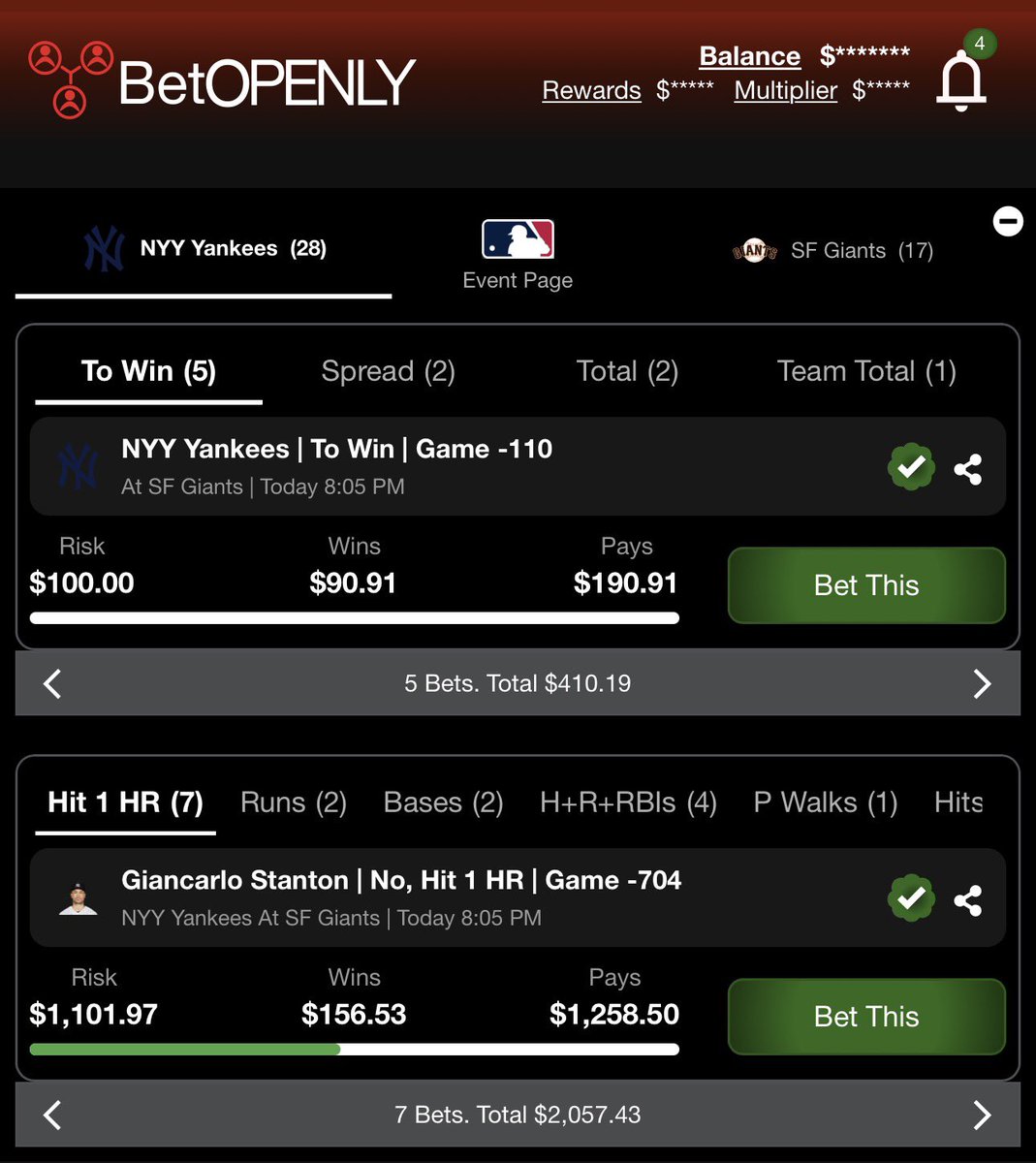 Gino_BetOpenly's tweet photo. It’s MLB ⚾️ Time! Our highest volume sport by far.

28 NYY Bets still open. 17 SFG.

To Win. Spread. Total. Team Total. Props Props and More Props. https://t.co/CEUTWxGaFp