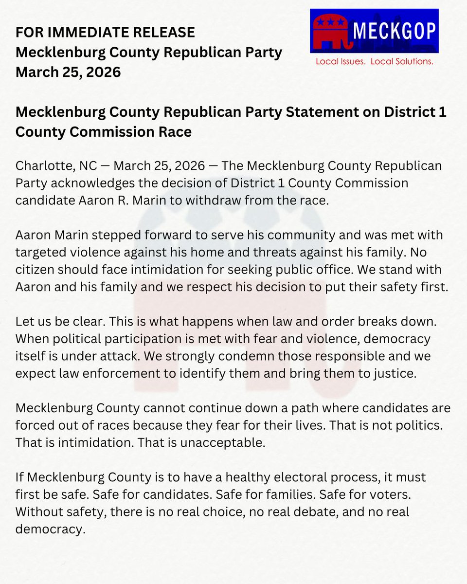 meckgop's tweet image. Mecklenburg GOP Statement 🇺🇸

District 1 candidate Aaron Marin withdrew after threats and violence against his family. This is unacceptable.

No one should fear running for office. Law &amp;amp; order must be restored. 

#MeckGOP #NCPol