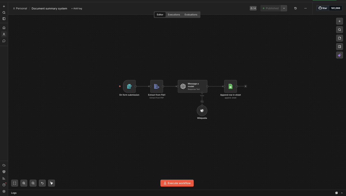 QuestOfAjiboye's tweet photo. I built 4 simple AI workflows today and I can’t go back to doing things manually. Let me walk you through exactly what I built. 

Workflow 1 — AI Email Assistant
Someone sends a chat message saying “email John about the meeting tomorrow.” The AI agent reads it, searches a Google Sheet to find John’s email, composes the message and sends it via Gmail.

Workflow 2 — X post Generator Every morning at 7AM the workflow wakes up automatically. GPT-4 Mini generates a fresh twitter post.

Workflow 3 — AI Document Summarizer
Someone submits a PDF through a form. The workflow extracts the full text, sends it to an AI model with Wikipedia as extra context, generates a clean summary then logs the title, summary and date straight into Google Sheets. A 40 page document summarized and stored in under 30 seconds.

Workflow 4 — Data Backup System
A form submission comes in with a name, email, position and resume file. The workflow searches OneDrive for the right folder, uploads the file automatically then appends all applicant data into Google Sheets. No manual filing. No missed entries. Everything is where it should be.

The pattern across all 4? 
Trigger → Process → Act → Store. 

That’s the whole pipeline. Every time. On autopilot. And here’s what most people get wrong about automation. They think you need complex systems to see real results. You don’t. These are simple workflows. Straightforward logic. Basic connections between tools you already use. But the time they save is anything but small. Simple workflows done right will save you hours every single week. Multiply that across a month, a year, a team and the ROI becomes impossible to ignore.