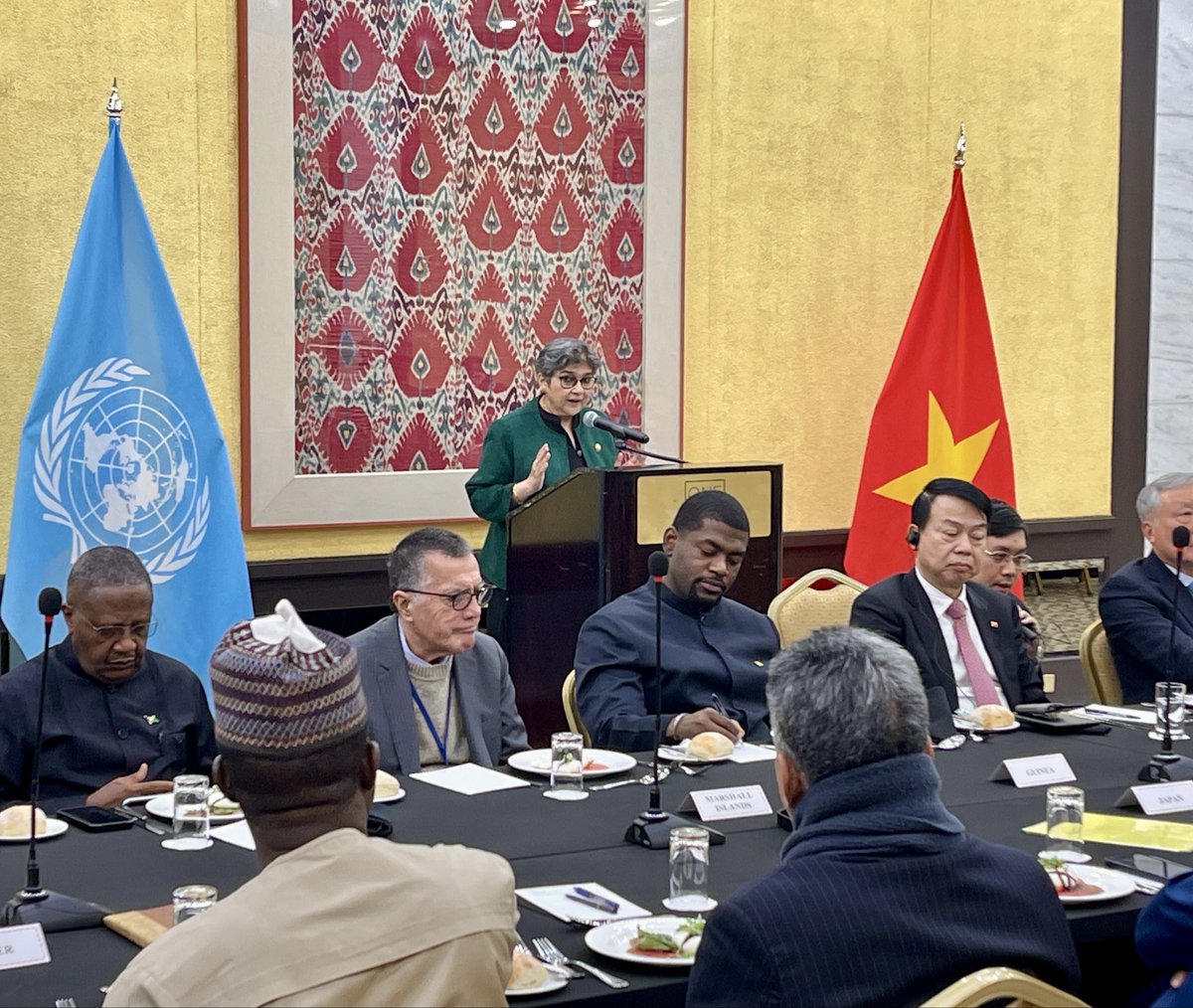 USGRabab_UN's tweet photo. An honour to join ๐ป๐ณโs 1st DPM Nguyen Hoa Binh for an excellent discussion on south-south & triangular cooperation convened by @VietNam_UN. I commend ๐ป๐ณ for its remarkable progress which carries important lessons for #LDCs, #LLDCs & #SIDS as they advance the #DPoA, #APoA & #ABAS. https://t.co/dlvoQPwAp8