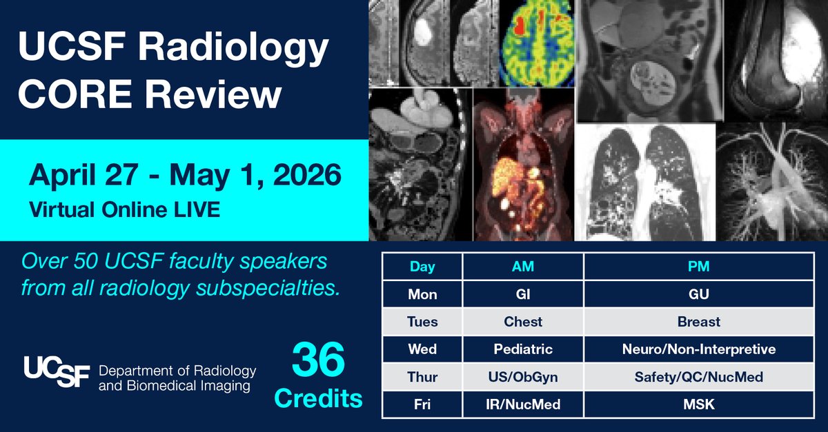 UCSFRADCME's tweet photo. Radiology CORE Review, April 27 - May 1, VIRTUAL / LIVE. 10 half-day sessions, 50 faculty, 36 credits. All major subspeciatlies and imaging modalities, with 30-day post-course online review. https://t.co/j7vgsnaDX3 https://t.co/ghYVaaRK03
