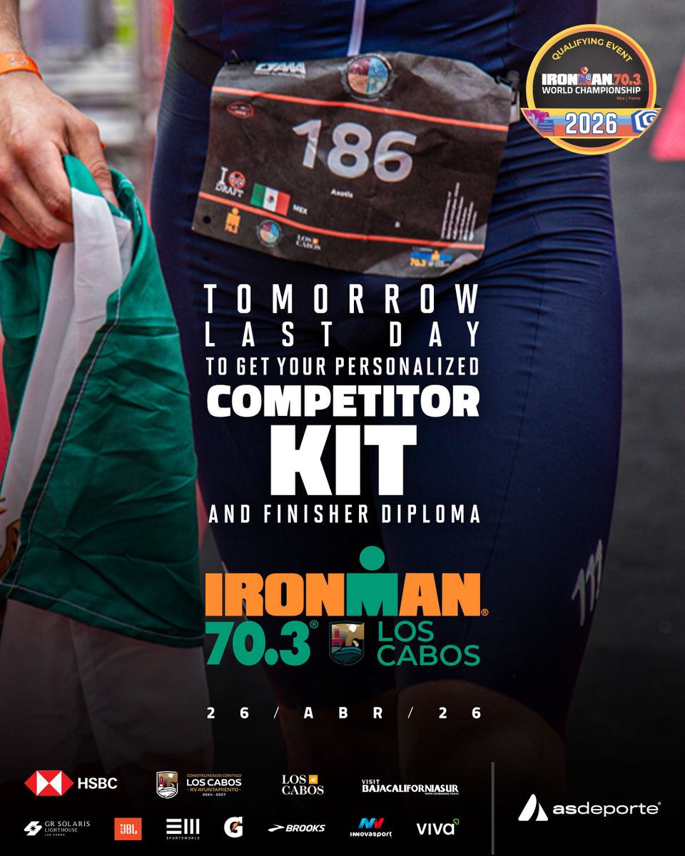 Mañana es el último día para que tu kit y tu diploma finisher del IRONMAN 70.3 Los Cabos estén personalizados 

Asegura tu lugar hoy ➡️ hubs.ly/Q048pgMl0 ​
#ironman #ironman703loscabos