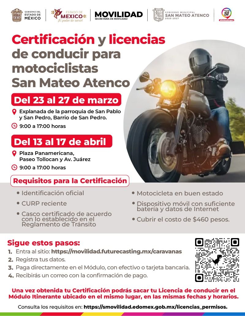 SanMateoAGob's tweet image. 🏍️ En #SanMateoAtenco hay certificación y expedición de licencias de conducir para motociclistas.
📍 Explanada del Barrio de San Pedro
🗓️ hasta el 27 de marzo
⏰ 9 a 17 h
Consulta todos los detalles, aquí 👇🏽
En San Mateo Atenco, #RuedaSeguro. 🛵
#UnidosSí #UnidosSiempre