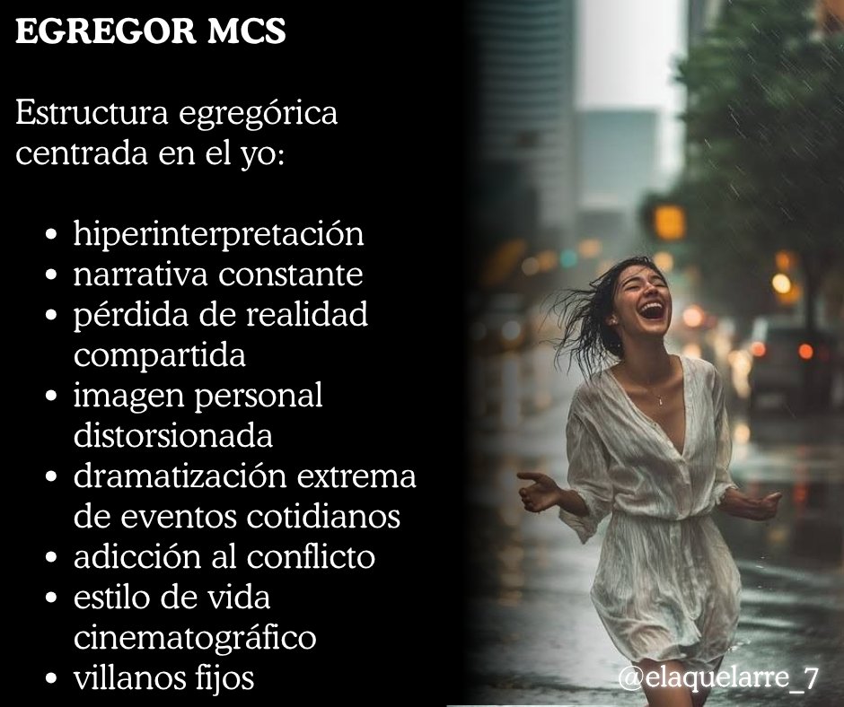 elaquelarre_7's tweet photo. El egregor del “main character” (también llamado egregor “sopa de frijoles”).
El nombre surge de un supuesto video en TikTok donde una chica comparte una receta y los comentarios dicen:
“A mí no me gustan los frijoles, ¿Qué alternativa me das?”
 “Me parece irresponsable, no a todo el mundo le gustan.”
 “Soy intolerante, no podés hacer esto así.”
Todo tiene que adaptarse a mí.
Este egregor instala la idea peligrosa de que cada persona es la protagonista absoluta de la realidad.
Y entonces aparece la distorsión:
• hiperinterpretación constante
• todo tiene que tener un significado personal
• todo gira alrededor de uno
Los vínculos dejan de ser afectivos y pasan a ser funcionales al relato. No importan por lo que son,
 sino por el papel que ocupan en mi peli, donde todo el mundo es mi fan o mi enemigo.
Todo se vuelve narrativa, drama y conflicto.