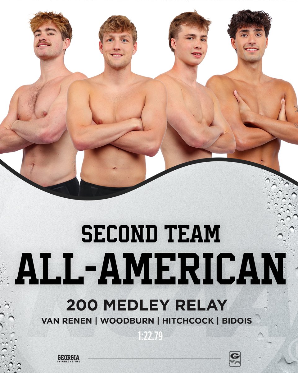 UGASwimDive's tweet photo. 🇺🇸 𝐒𝐄𝐂𝐎𝐍𝐃 𝐓𝐄𝐀𝐌 𝐀𝐋𝐋-𝐀𝐌𝐄𝐑𝐈𝐂𝐀𝐍

The 200y medley relay of van Renen, Woodburn, Hitchcock, and Bidois finishes 14th with a time of 1:22.79, the fourth-fastest in program history!

#NCAASwimDive | #GoDawgs 🐾 https://t.co/UI6wZyb9md