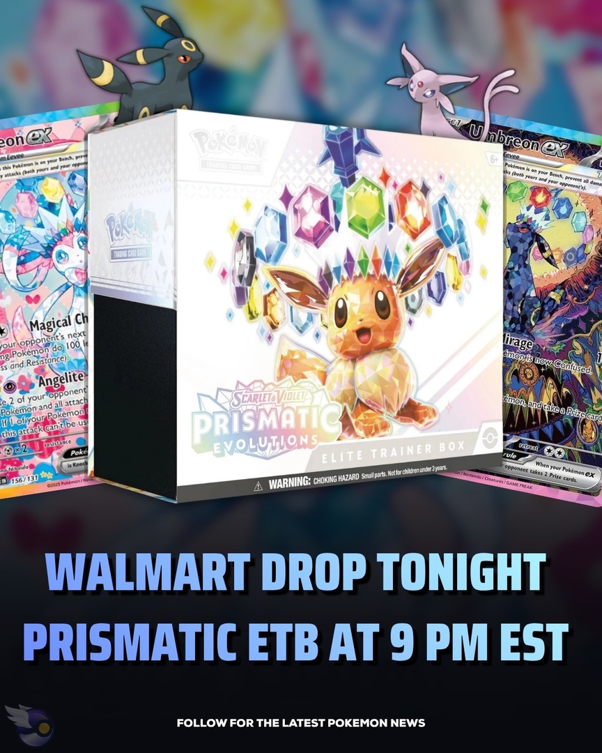 PokePings_'s tweet image. Prismatic Evolutions ETBs are dropping on Walmart tonight at 9 PM EST.
$70 Retail
No Walmart+ needed

#PokemonTCG #PrismaticEvolutions #Walmart #PokemonCards #EliteTrainerBox