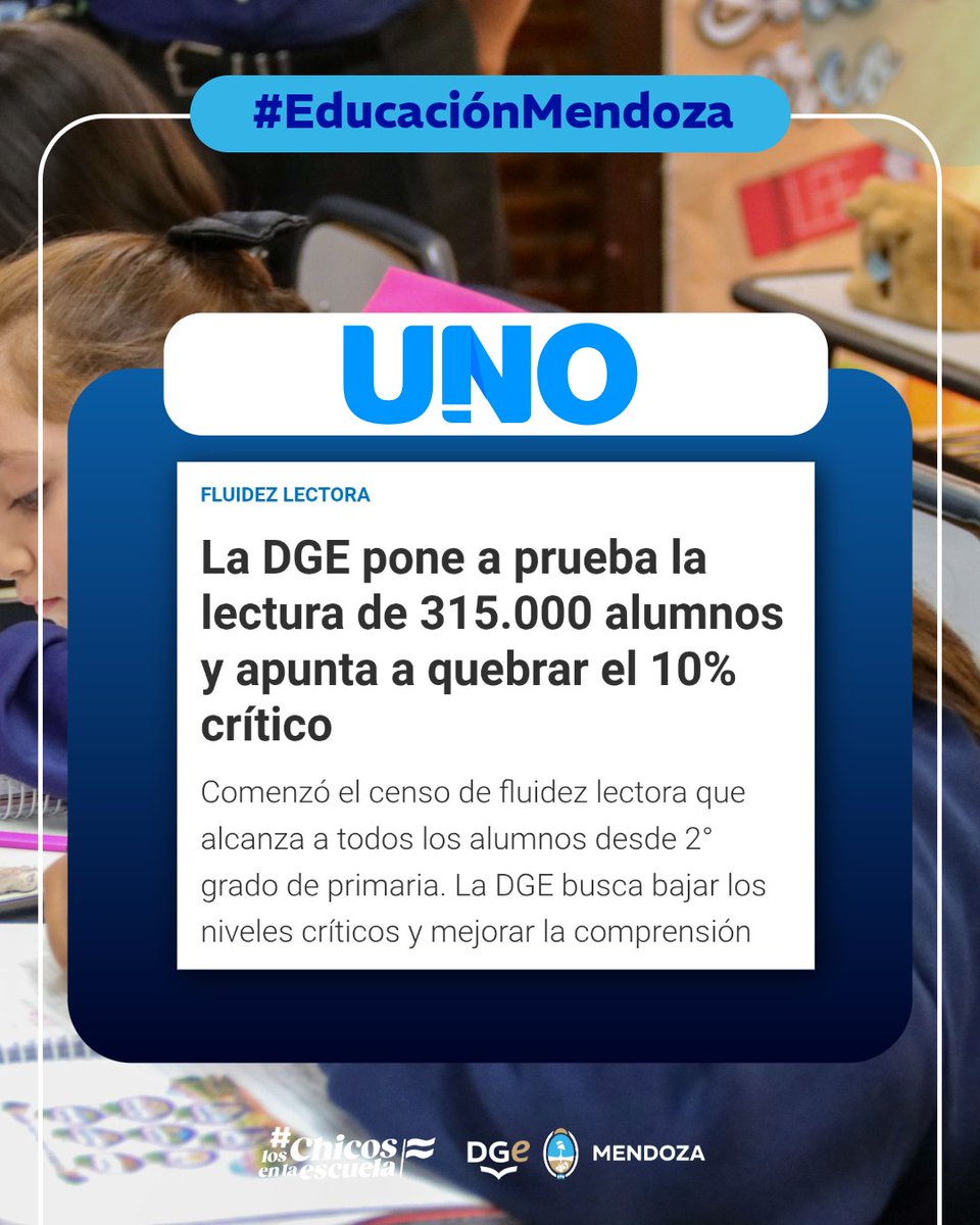 Evaluar, acompañar y tomar decisiones con datos es la forma de lograr mejoras reales en los aprendizajes.

Por eso comenzamos un nuevo censo de fluidez lectora que va a alcanzar a más de 315.000 alumnos en toda la provincia.

#EducaciónMendoza

🔗: diariouno.com.ar/sociedad/la-dg…