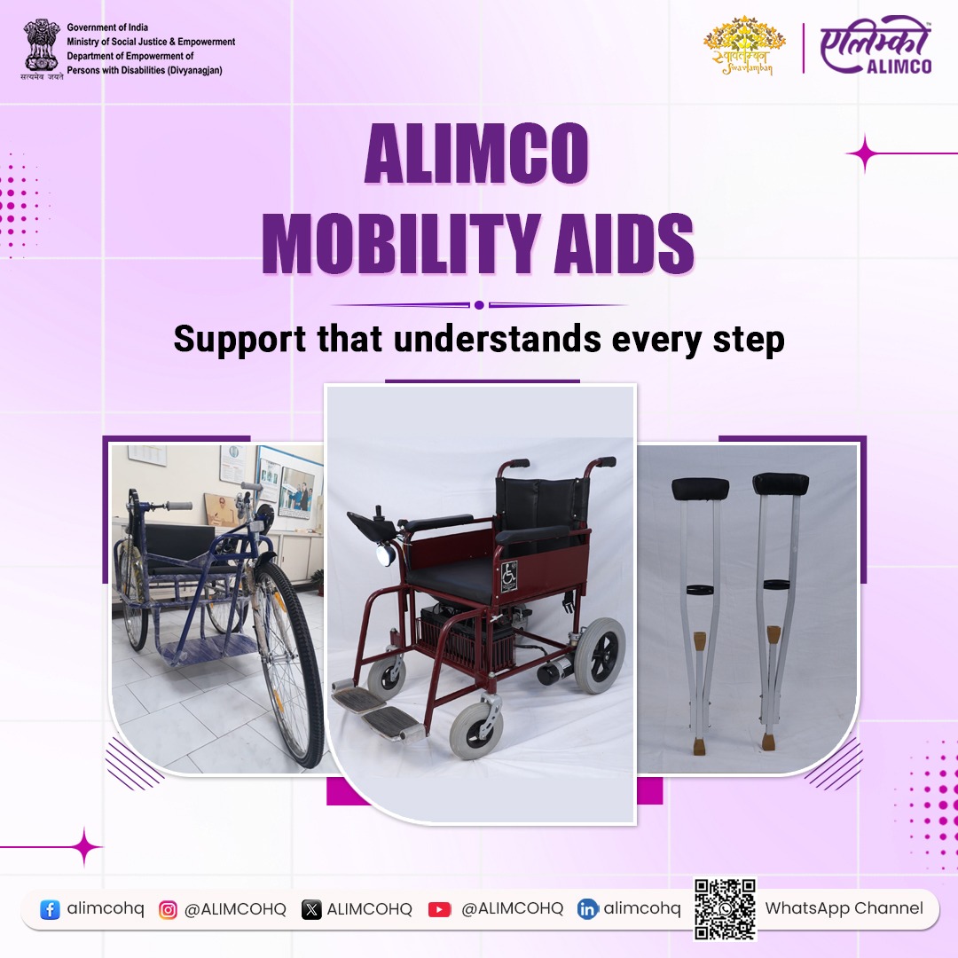ALIMCOHQ's tweet photo. ALIMCO’s mobility aids, from ergonomically designed wheelchairs to rugged tricycles and precision-crafted crutches, are built keeping real-life needs in mind—comfort, terrain, effort and long-term use. With sturdy frames, user-focused design and reliable performance, these devices support everyday journeys—at home, at work and beyond. 

By enabling Divyangjan and senior citizens to move freely and participate fully, #ALIMCO is strengthening the foundation of an inclusive, self-reliant India—driving the vision of #ViksitBharat forward, one empowered life at a time. 

#ALIMCOSeva #AccessibleIndia #AssistiveTechnology

@PMOIndia @narendramodi @Drvirendrakum13 @blvermaup @MSJEGOI @socialpwds