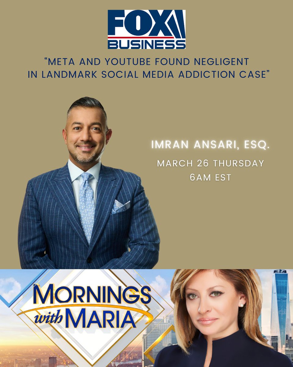 ABKLawNYC's tweet image. “Meta / YouTube Found Negligent
in Landmark Social Media Addiction Case”

ABK Law Partner, Attorney, Legal Analyst Imran H. Ansari, ESQ. will discuss the case with Maria Bartiromo @MariaBartiromo on @FoxBusiness @MorningsMaria 
 #socialmedia #trial #criminaldefense #law #foxnews
