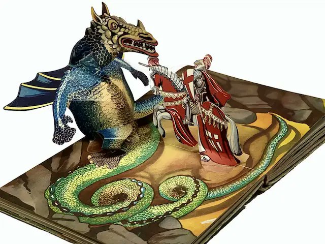 1945 Saint George and the Dragon paper popup - tektonten.blogspot.com/2026/03/vintag… #popup #dragon #vintage 

#papiermodell #papírovýmodel #ペーパークラフト #printable #bouwplaat #bastelbogen #recortable #papercraft #papermodel #cardmodel #papertoy
