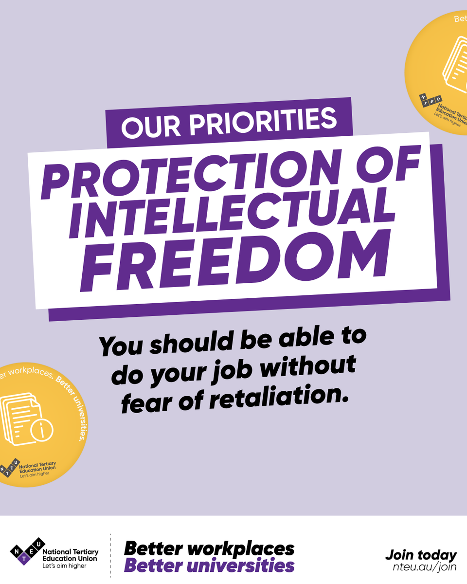 NTEUnion's tweet photo. Stronger intellectual freedom protection. Better Universities.

Intellectual freedom is at the heart of what defines a University.

Professional staff need protection of intellectual freedom so they can speak up and share their expertise. Universities must support, not silence to those who do. Join the NTEU today: https://t.co/nTkL8qpabe